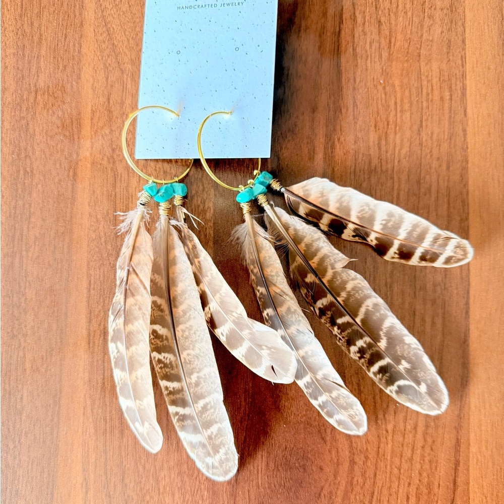 Handcrafted Feather Earrings with Gold Hoops